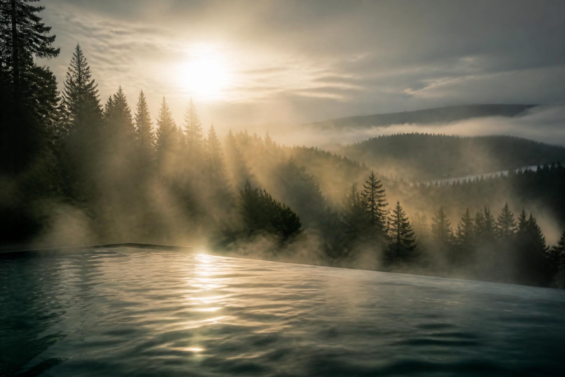 Steaming infinity pool overlooking a misty pine forest at dawn